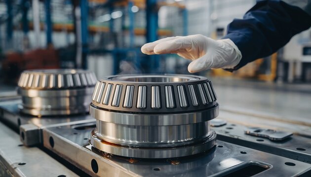 A gloved hand inspects large metal tapered roller bearings on a factory production line.