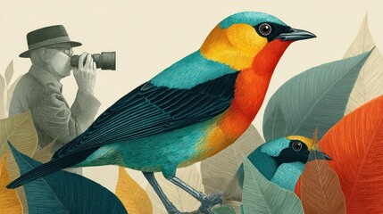 A vibrant bird next to a photographer, amid stylized leaves