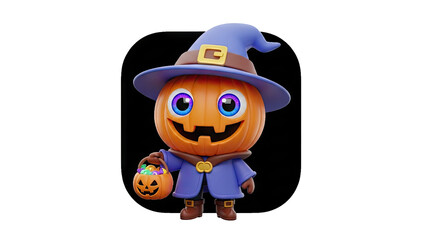 3D Cute cartoon pumpkin character dressed as a witch holding candy on transparent background