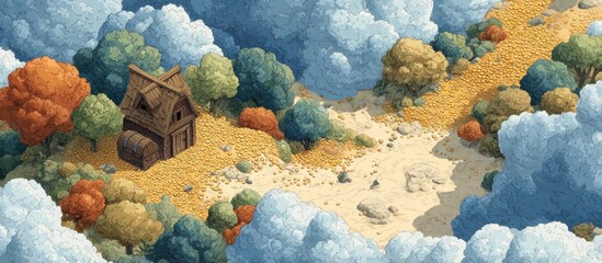A tiny cabin on a path amid fluffy clouds and colorful trees