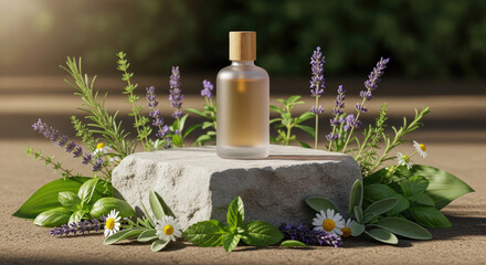 Essential Oil Packaging Mockup With Herbal And Floral Elements.