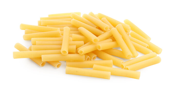 Pile of raw ziti pasta isolated on white
