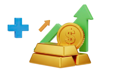 3D Gold Bars, Coin, and Growing Up Arrows on Transparent Background