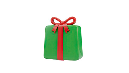 3D Green gift box with red ribbon bow on transparent background