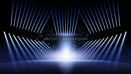 Futuristic blue stage background with bright spotlights and dazzling lights. Elegant and modern abstract design.