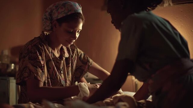 Young mother cradling newborn with midwife dim rural clinic highlighting maternal care infant healthcare maternal clinic midwife caregiver bonding