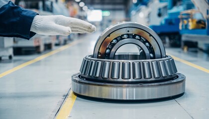 A gloved hand hovers over large industrial bearings, including a tapered roller bearing and a ball bearing, on a factory floor.