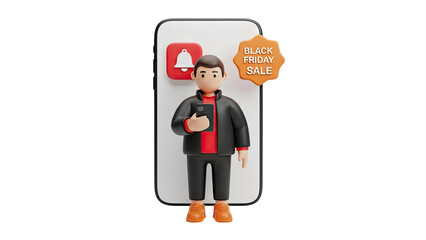 3D Man holding smartphone with Black Friday sale notification on transparent background