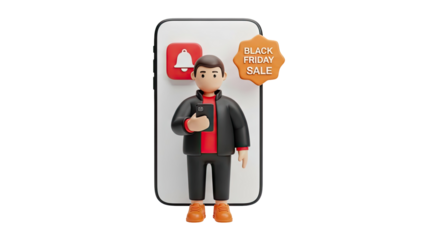 3D Man holding smartphone with Black Friday sale notification on transparent background