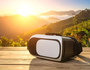 VR headset on wooden surface, mountain backdrop at sunrise