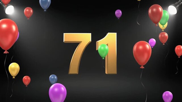 Number 71 in the spotlights with balloons in the background. Festive scene for birthday or anniversary party