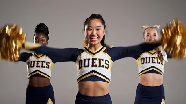 Three smiling cheerleaders pose with pom-poms in navy/gold uniforms