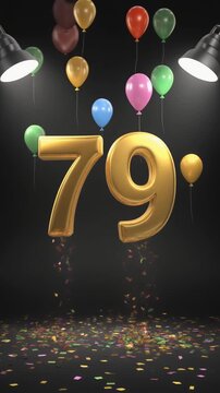 Number 79 in the spotlights with balloons in the background. Festive scene for birthday or anniversary party