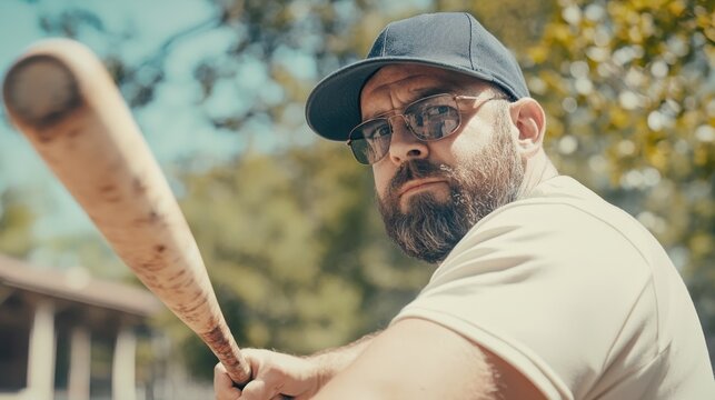 A man with a beard and glasses, wearing a black cap and sunglasses, holding a baseball bat and preparing to swing, with a blurred background of trees and a baseball field.