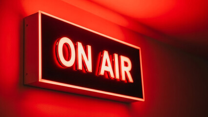 Glowing red ON AIR sign on a wall in a studio