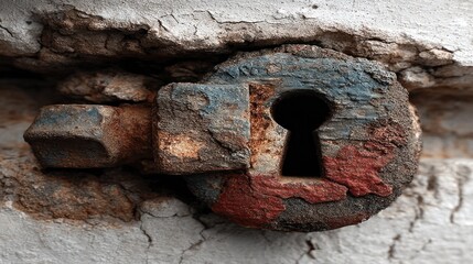 Rusty, painted keyhole & latch, textured, embedded in aged concrete