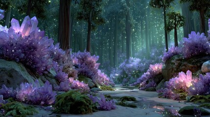 Dreamlike forest scene, bathed in ethereal light, with glowing crystals