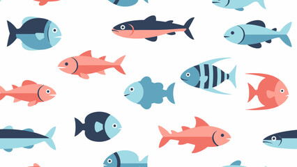 Seamless pattern of colorful cartoon fish swimming in various directions, perfect for children's designs and ocean-themed decor