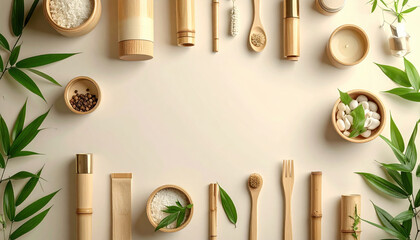 Eco friendly bamboo products arranged creatively with green leaves, showcasing sustainable lifestyle choices