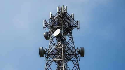 Communication tower transmitting wireless signals against a clear blue sky