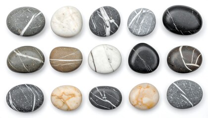 Collection of smooth stones with white stripes on a white background.