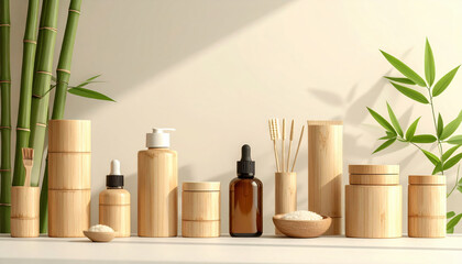 Natural bamboo containers and skincare products arranged with bamboo plants, creating eco friendly and serene atmosphere