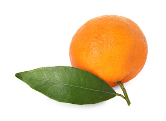 Whole ripe tangerine with leaf isolated on white