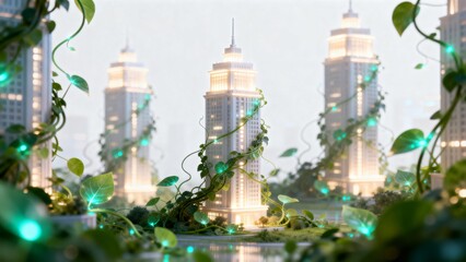 Urban buildings entwined with green vines