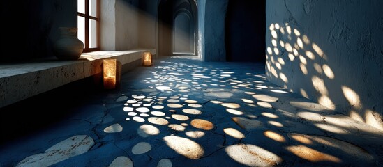 Sunlit interior with patterned shadows, candles, vase, and stone walkway