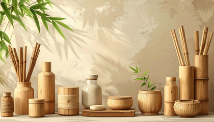 Natural bamboo containers and decor on shelf with calming ambiance
