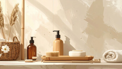 Natural bathroom decor with bamboo accessories, amber bottles, and woven basket create serene spa like atmosphere