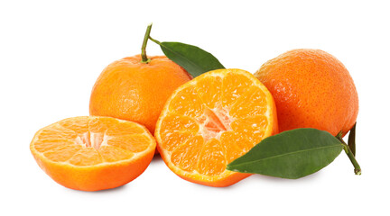 Whole and cut tangerines isolated on white