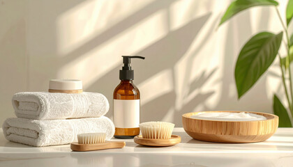 Serene spa setting with towels, pump bottle, brushes, and bowl on white surface, bathed in soft natural light