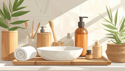 Serene bathroom scene with bamboo accessories, white basin, and green plants creates calming atmosphere