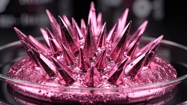 Pink Ferrofluid Forming Spikes in Magnetic Field, Close Up View