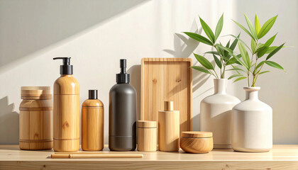 Natural bamboo bathroom accessories arranged on wooden shelf with plants, creating serene and eco friendly atmosphere