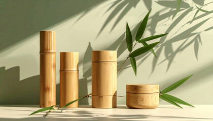 Bamboo cosmetic containers with green leaves create natural, eco friendly aesthetic. Sunlight casts soft shadows enhancing serene vibe