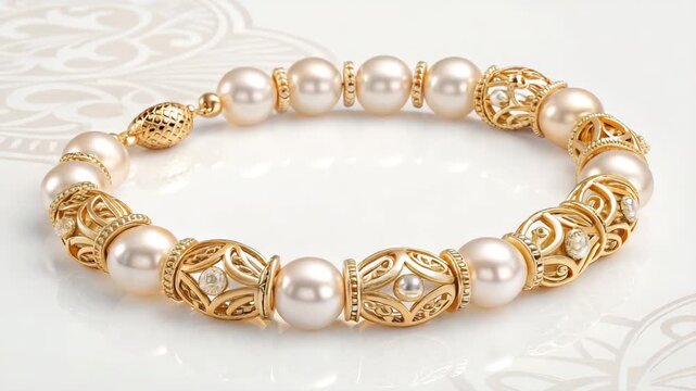 Beautiful pearl and gold bracelet showcasing filigree work and embedded crystals against a subtle background.