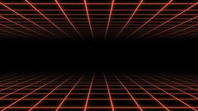 Red neon grid pattern on black background with perspective effect.