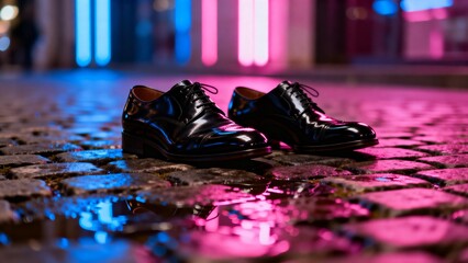 Shiny black leather shoes on cobblestone