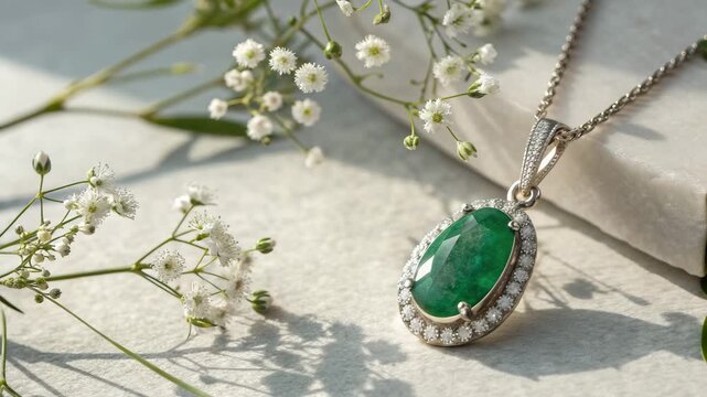 Elegant emerald pendant necklace with sparkling diamonds on a silver chain next to delicate white flowers