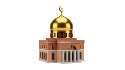 3D Mosque building with golden dome and crescent moon on transparent background