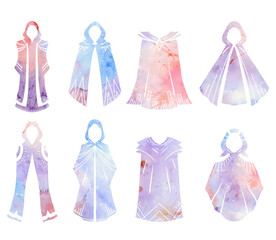 Vector watercolor set of fantasy cloaks in various styles. Collection of wizard clothing for games and concept art. Medieval clipart