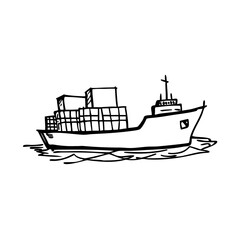 Obraz premium Hand-sketched doodle drawing illustrates a cargo vessel sketch, showing a large freight ship transporting multiple shipping containers.