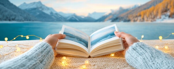 Fototapeta premium Person’s hand, Christmas travel, winter landscape, Enchanting Christmas Memories: Hand Flipping Through Winter Landscape Travel Journal, Copy Space for Text