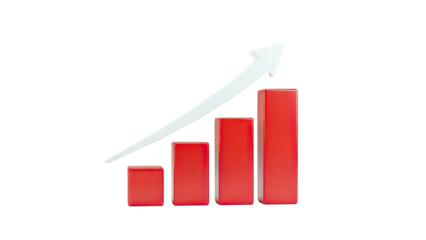 3D Red Bar Chart with Upward Trend Arrow on transparent background
