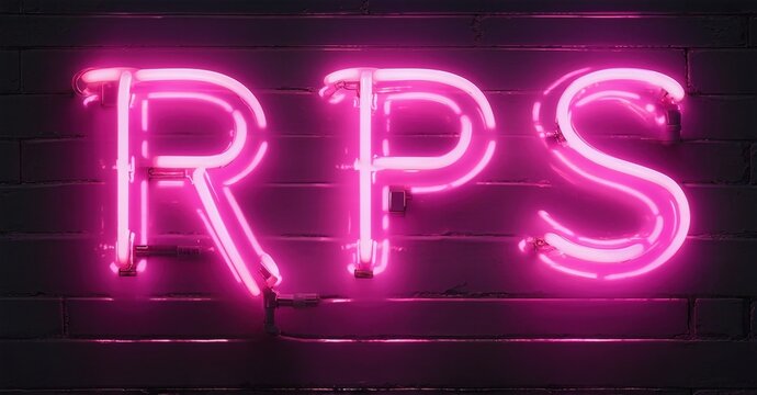 Bright pink neon sign spells RPS against brick wall. Vivid illumination creates striking visual impact. Simple, bold lettering.