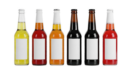 six pristine craft beer bottles (lager, ipa, stout, sour) with blank white labels and condensation, standing on a reflective surface against a transparent background. concept for beverage