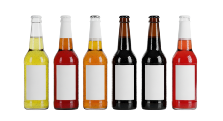 six pristine craft beer bottles (lager, ipa, stout, sour) with blank white labels and condensation, standing on a reflective surface against a transparent background. concept for beverage