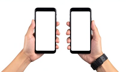 Two hands holding smartphones with blank screens, isolated on white (9)